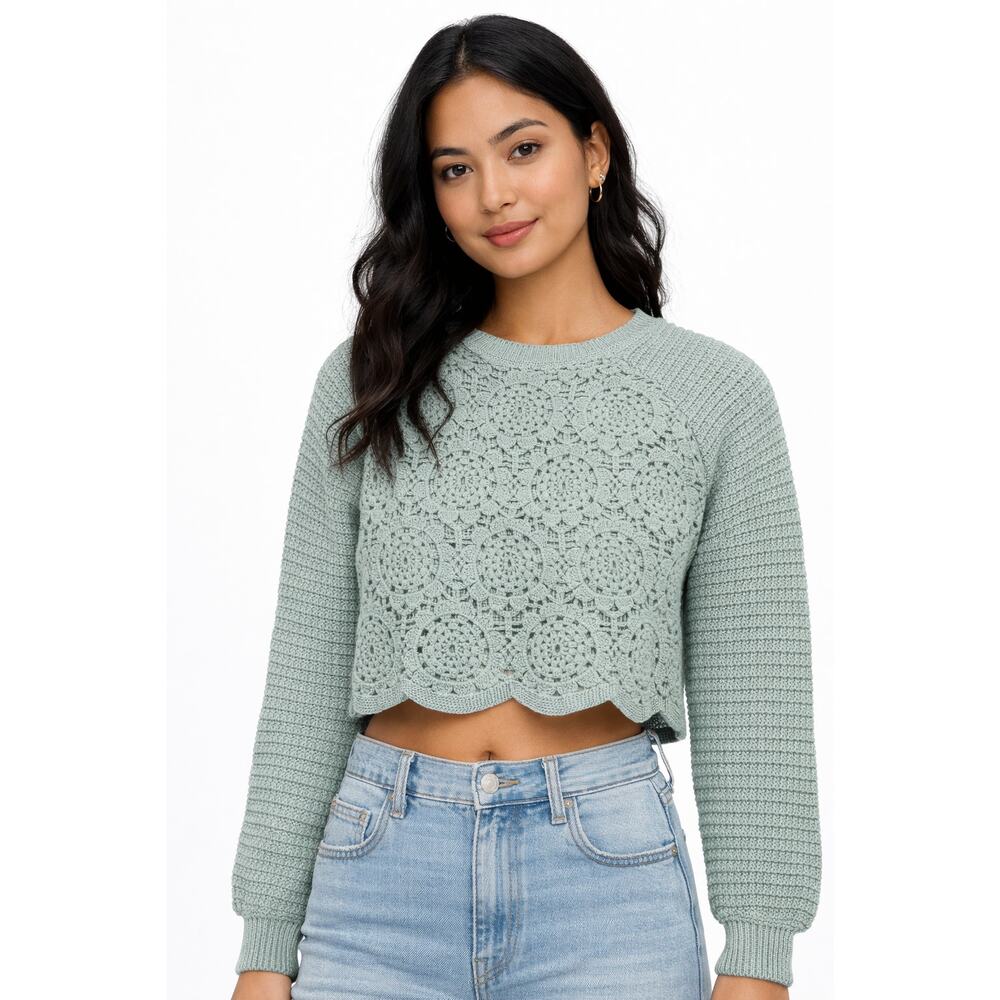 Francesca’s Sage Green Crochet Sweater Top - Scallop Hem